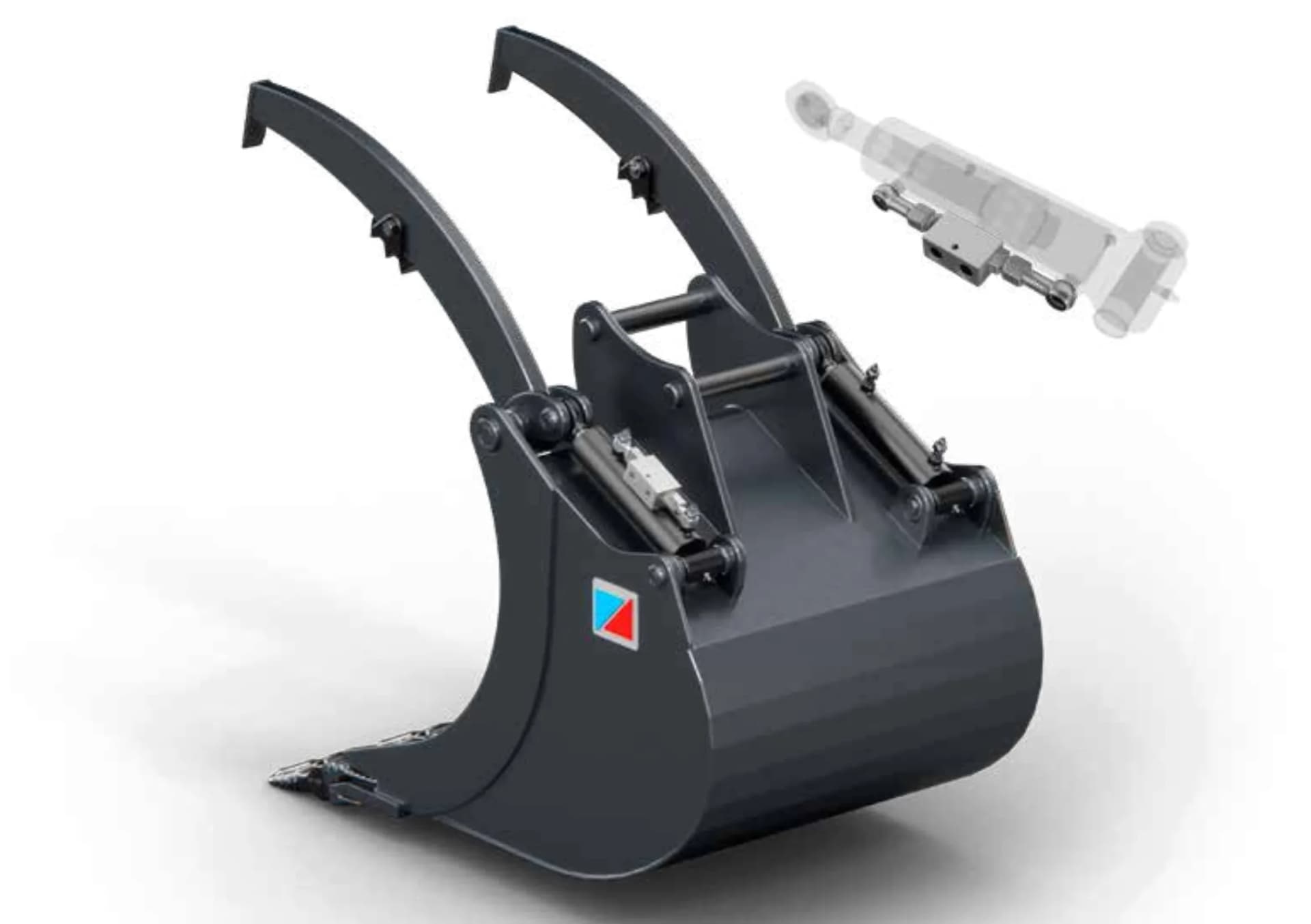 CB mini - hydrauliczna łyżka zaciskowa do minikoparki od tyłu, ze szczegółami konstrukcji
