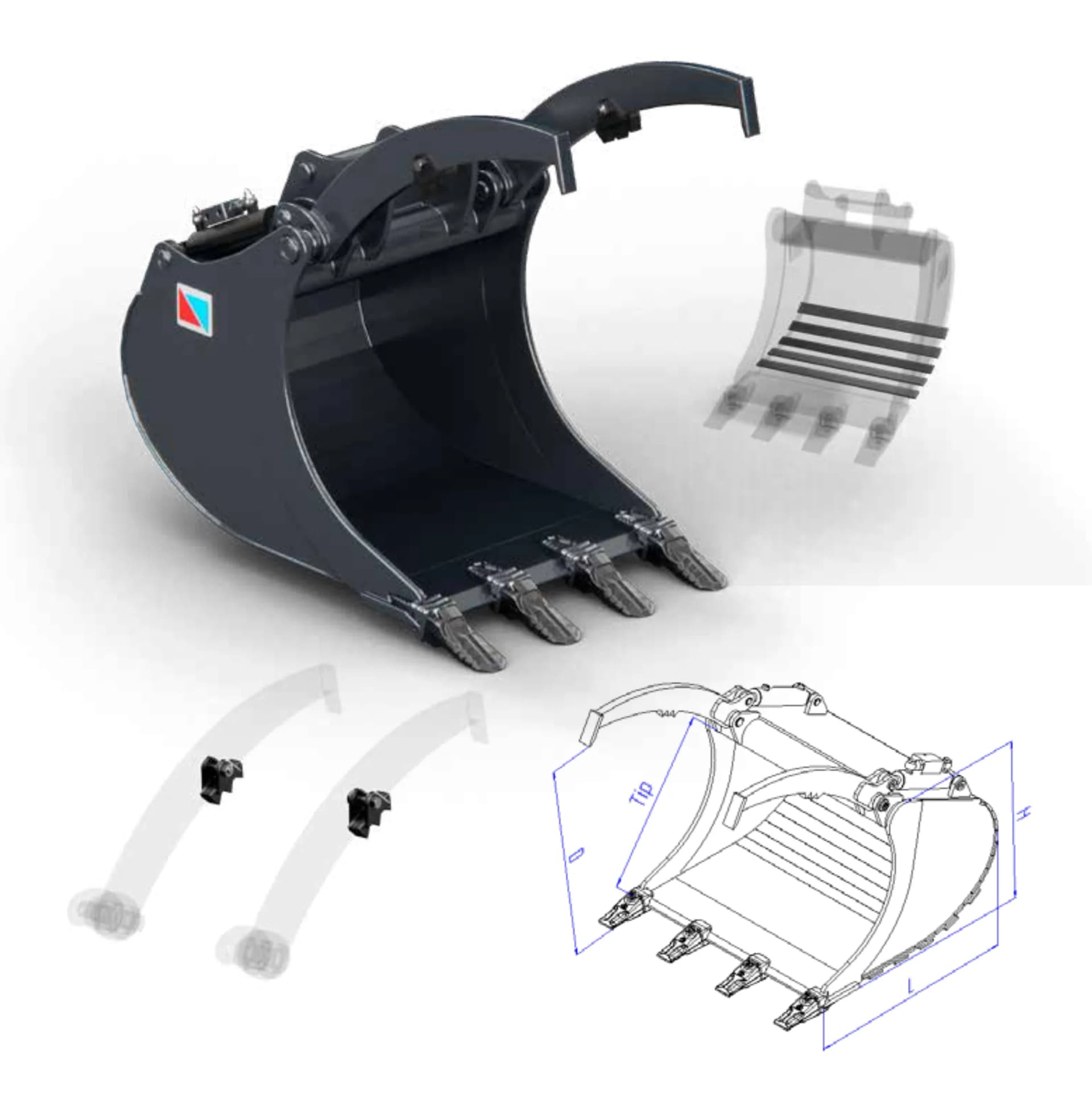 CB mini - hydrauliczna łyżka zaciskowa do minikoparki od przodu, ze szczegółami konstrukcji